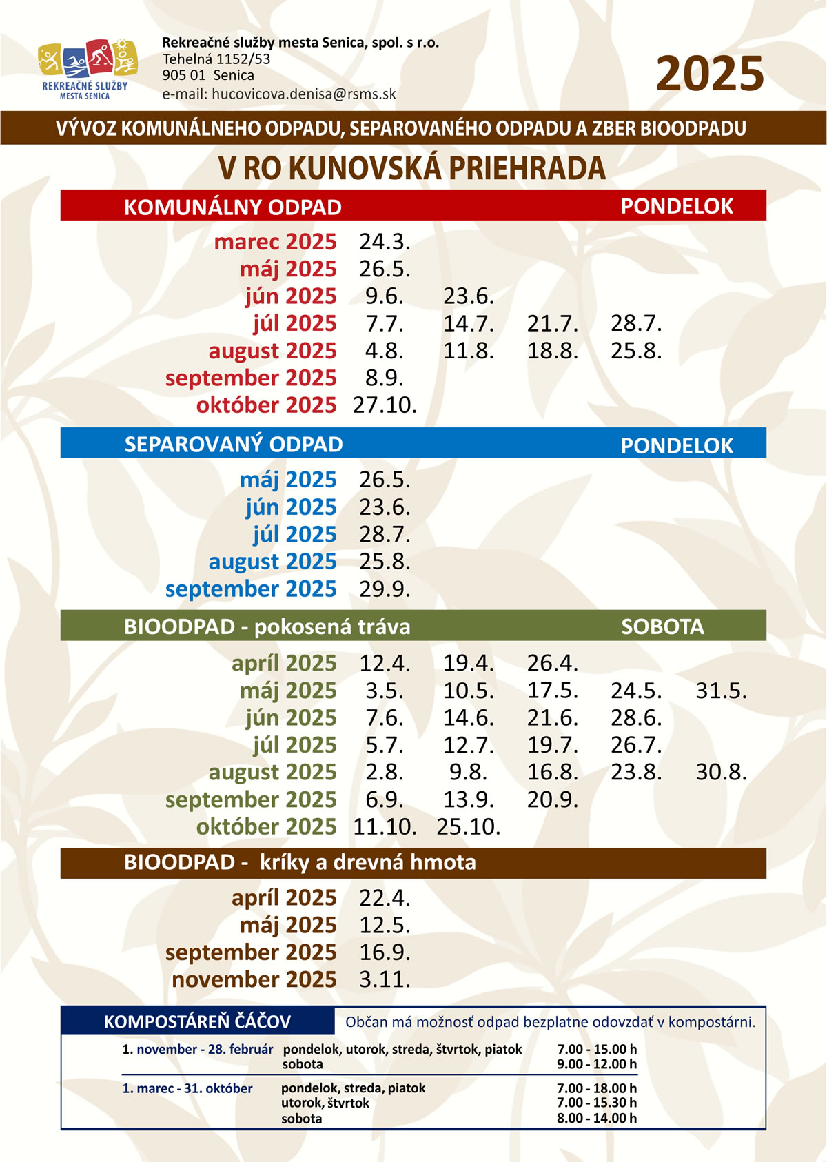 Vývoz komunálneho odpadu, separovaného odpadu a zber bioodpadu Rekreačná oblasť Kunov
