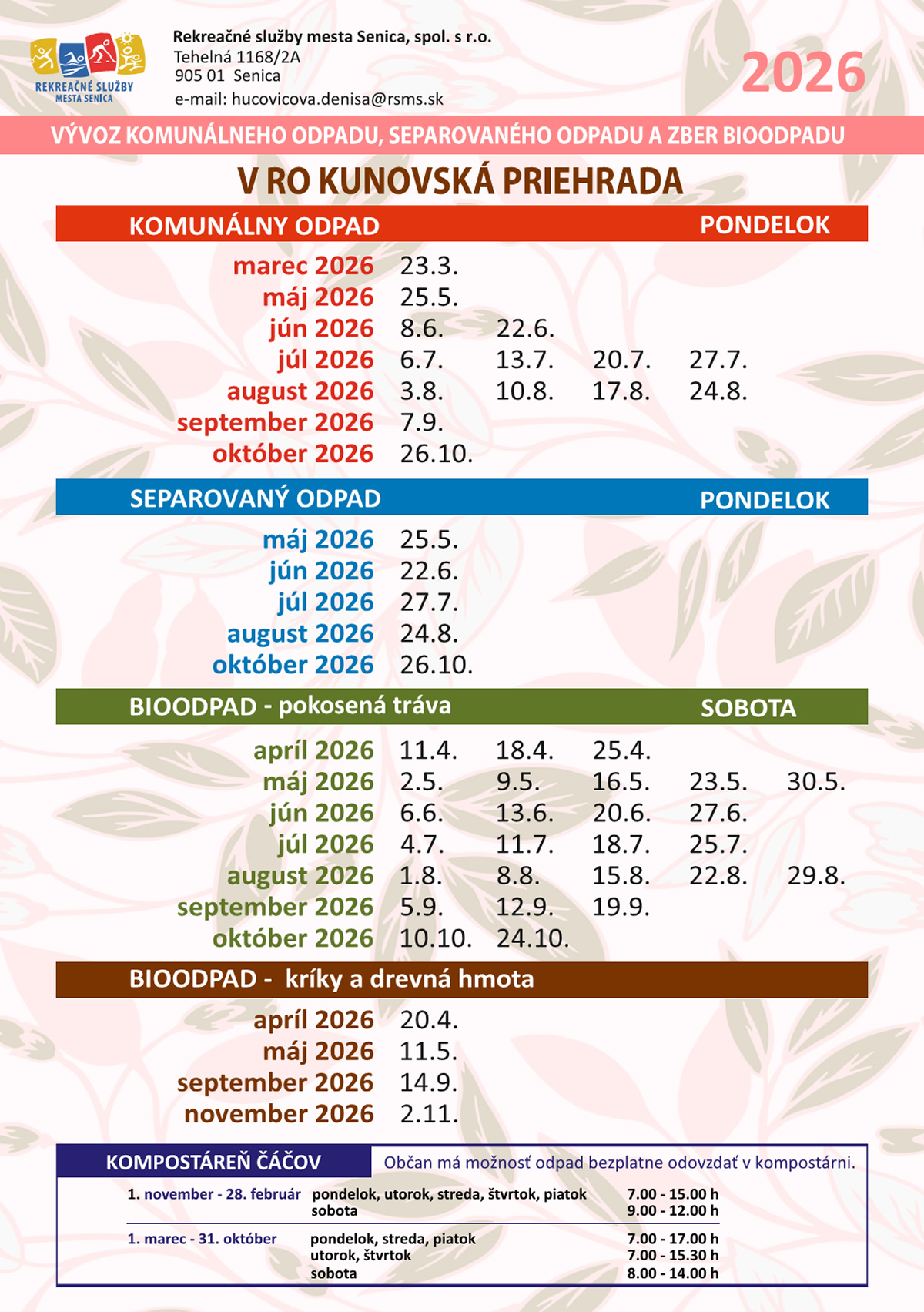 Vývoz komunálneho odpadu, separovaného odpadu a zber bioodpadu Rekreačná oblasť Kunov