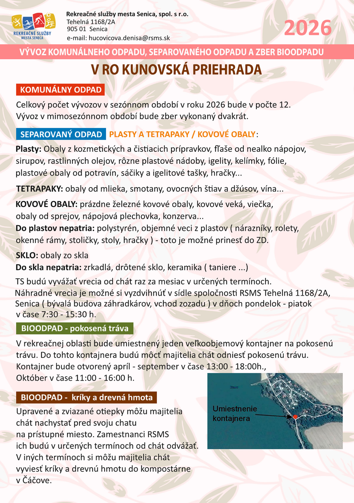 Vývoz komunálneho odpadu, separovaného odpadu a zber bioodpadu Rekreačná oblasť Kunov